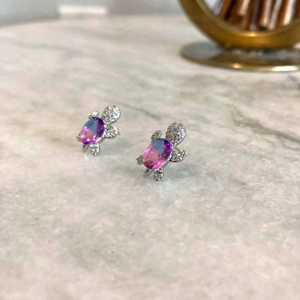 Sterling Silver Rainbow Zircon Stone Blue Purple Turtle Earrings
